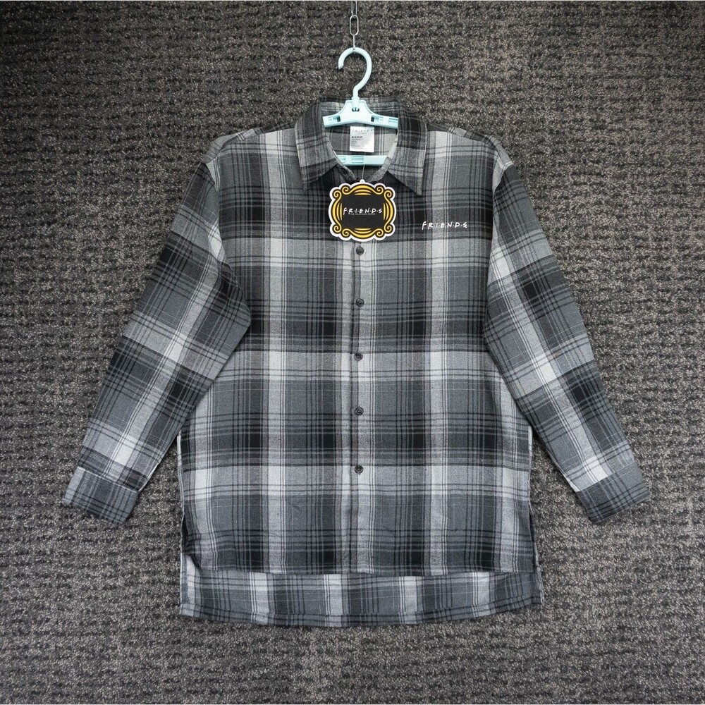 Friends TV Show Shirt Mens Small Oversize Gray Plaid Flannel Graphic Logo NWT